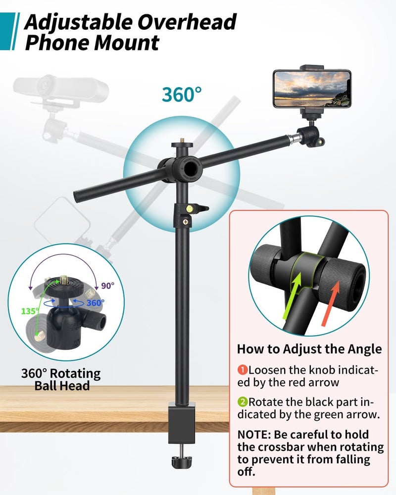 JEBUTU Overhead Camera Mount Desk Stand, Camera Arm Desk Mount Clamp Stand with 360°Adjustable Magic Arm, Webcam Arm Mount Stand w Ballhead Phone Mount for Desk Logitech Microphone Video Light Cell Phone - Image 3